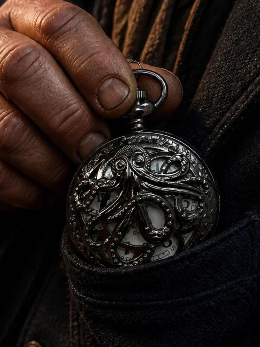 Kraken Octopus Pocket Watch Black Steampunk Pirate Nautical Quartz Chain Vintage
